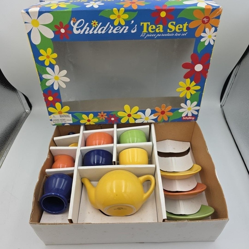 Schylling Childrens 12 pc Tea Set  Ceramic Retro & Fiesta Colors See Description